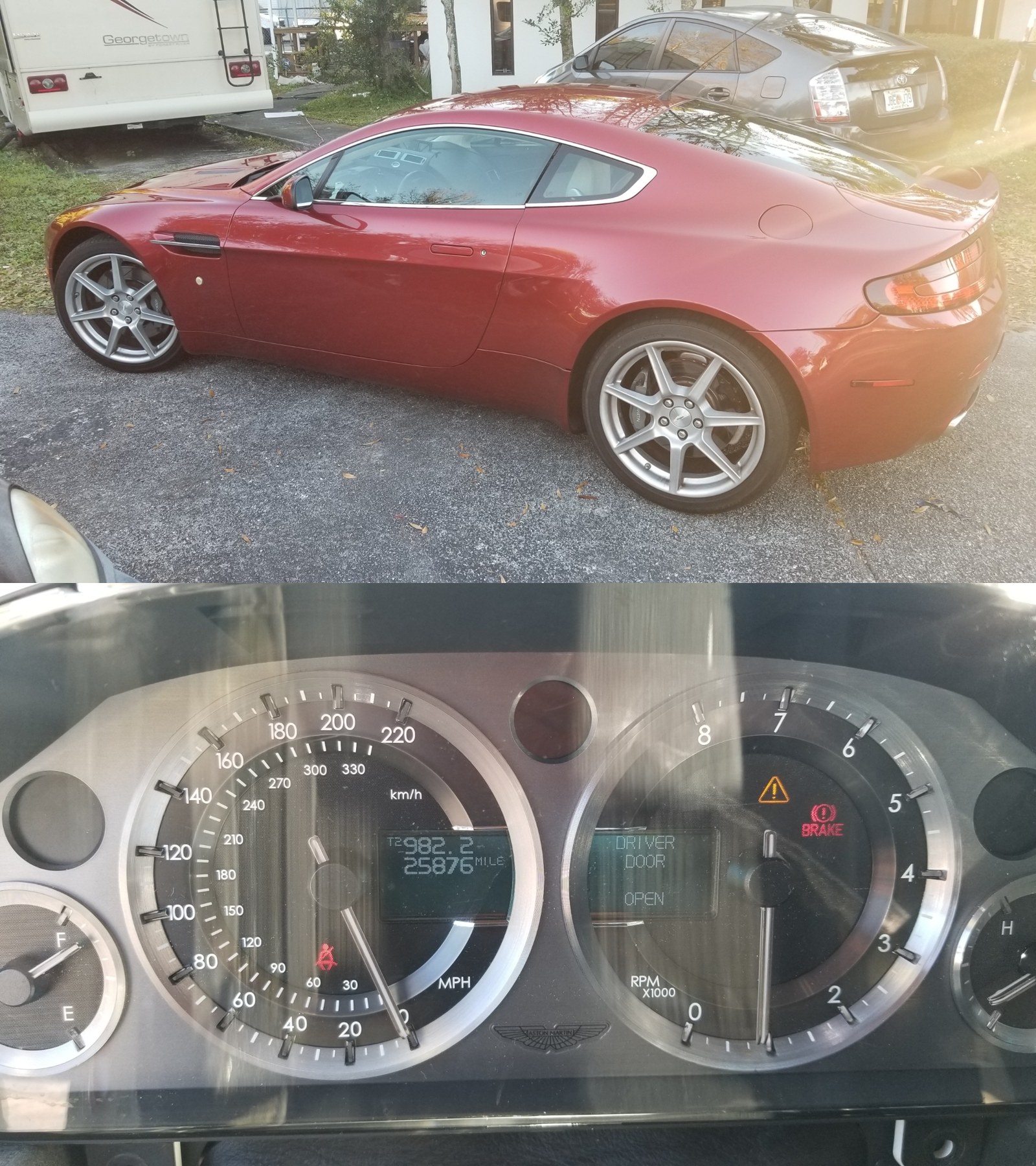 Aston Martin V8 Vantage and its instrument cluster showing speedometer and tachometer