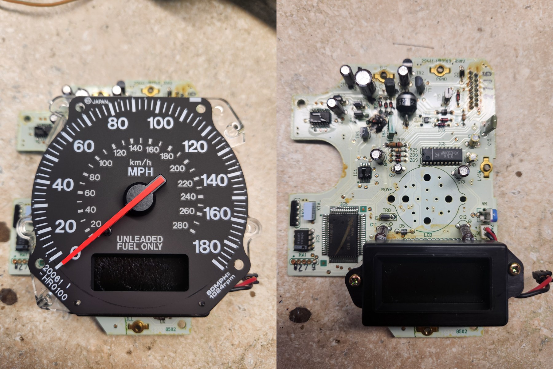 Mazda RX-7 speedometer with odometer issue — assembled dial and disassembled circuit board