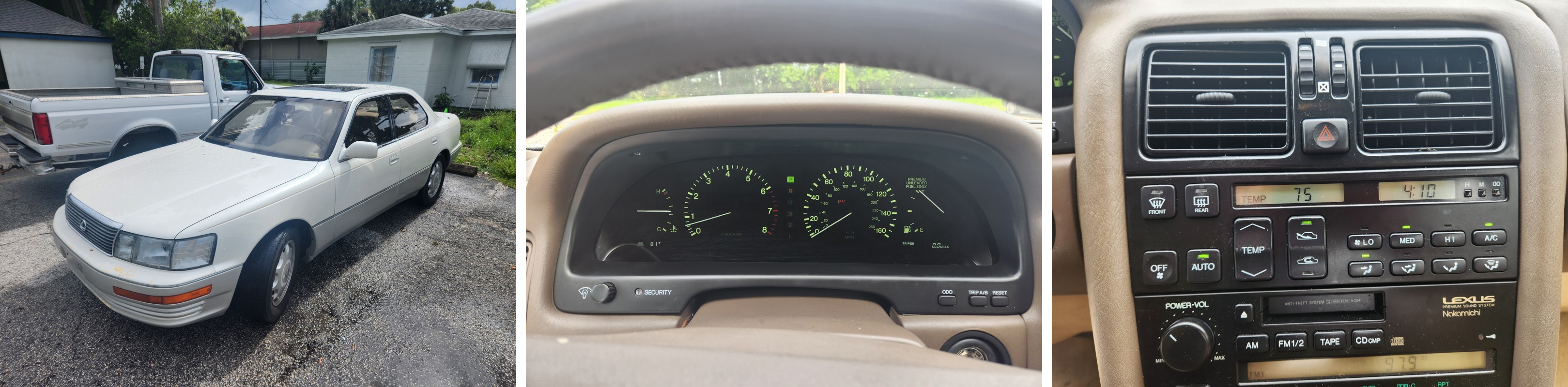 Lexus LS400 exterior, instrument cluster, and climate/radio controls