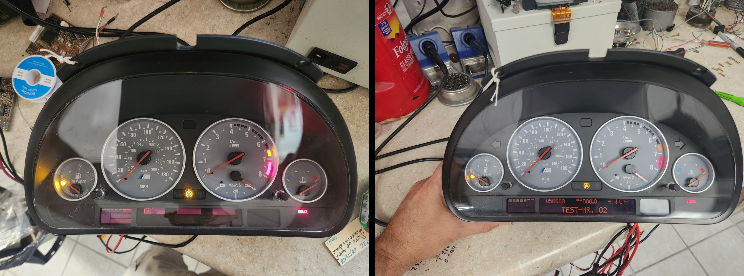 BMW E39 instrument cluster pixel repair — before and after