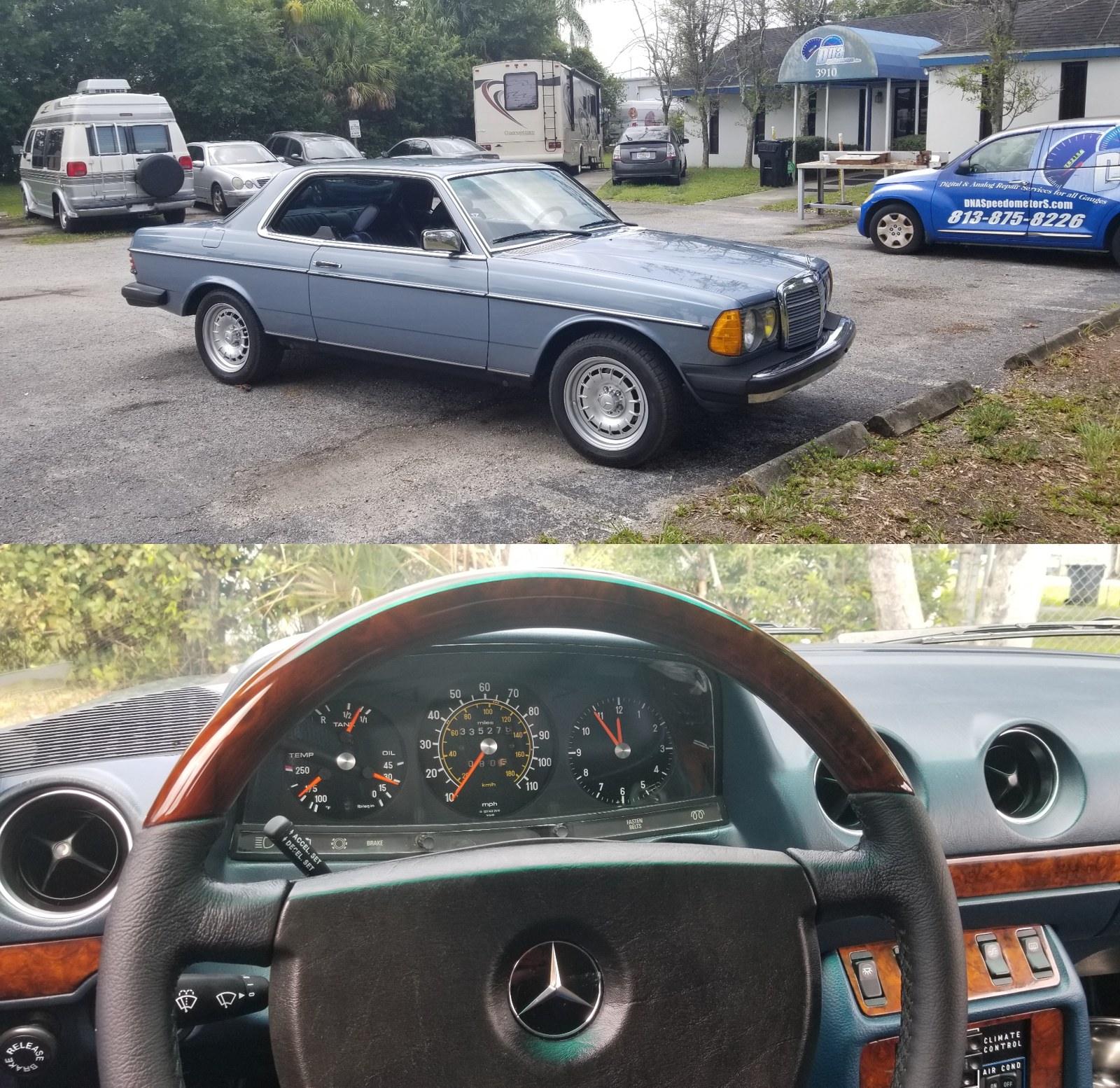 Mercedes-Benz W123 coupe and its instrument cluster with speedometer and gauges