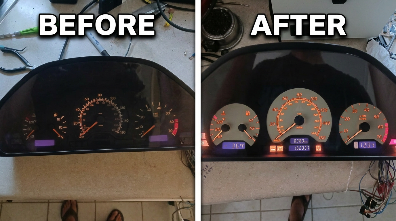 Mercedes W210 instrument cluster pixel repair — before and after