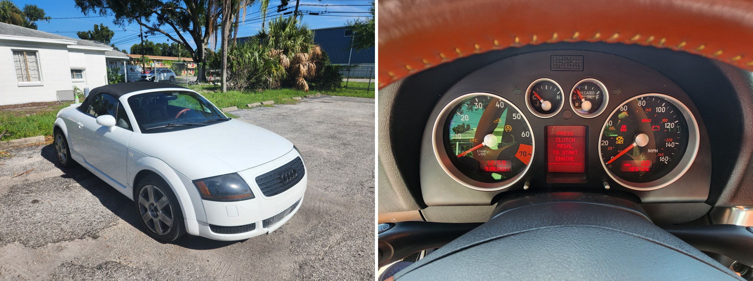 2004 Audi TT roadster and its instrument cluster showing Press Clutch Pedal To Start Engine message